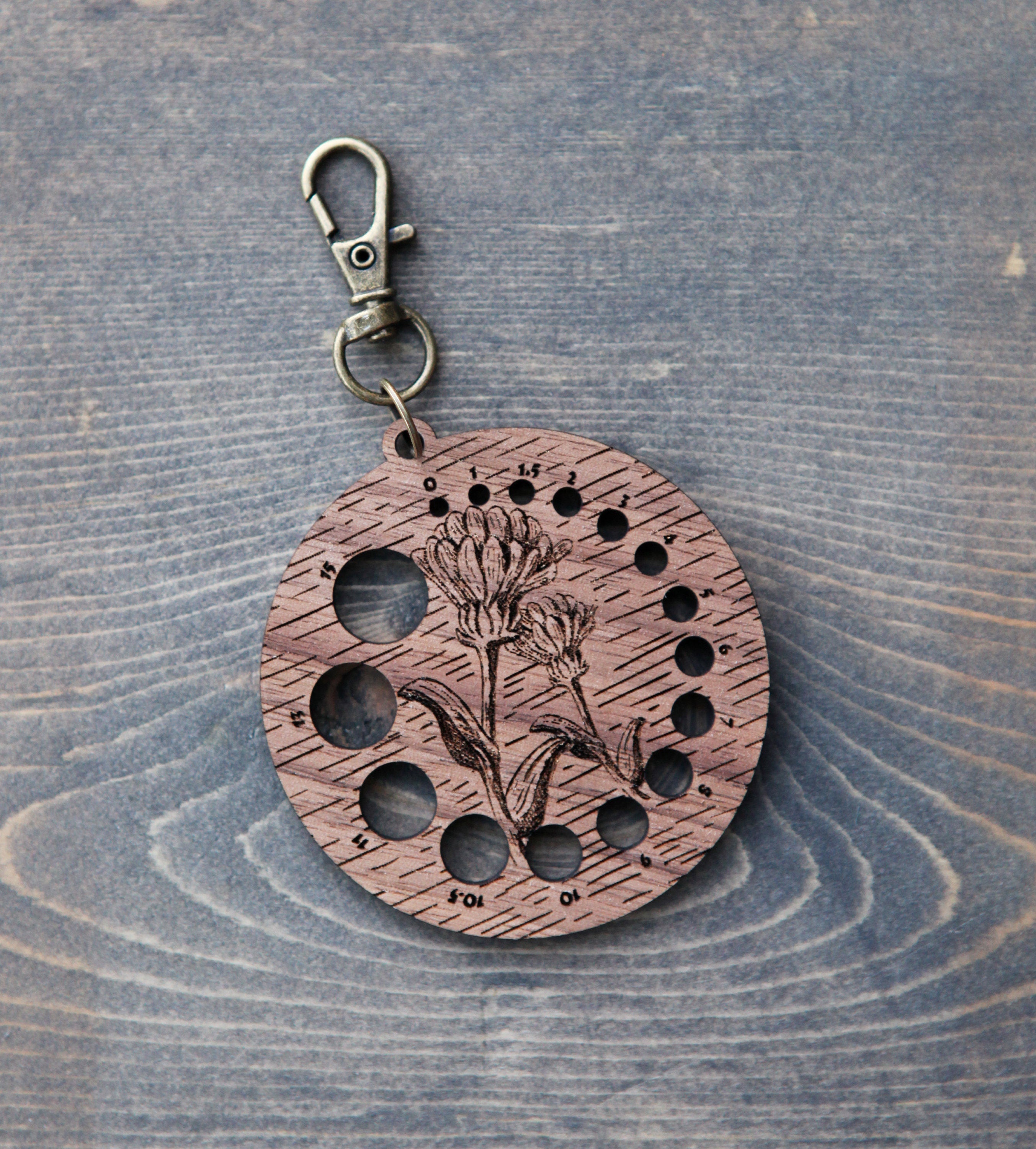 Knitting Needle Gauge Flower - Walnut Wood with Bronze Clasp