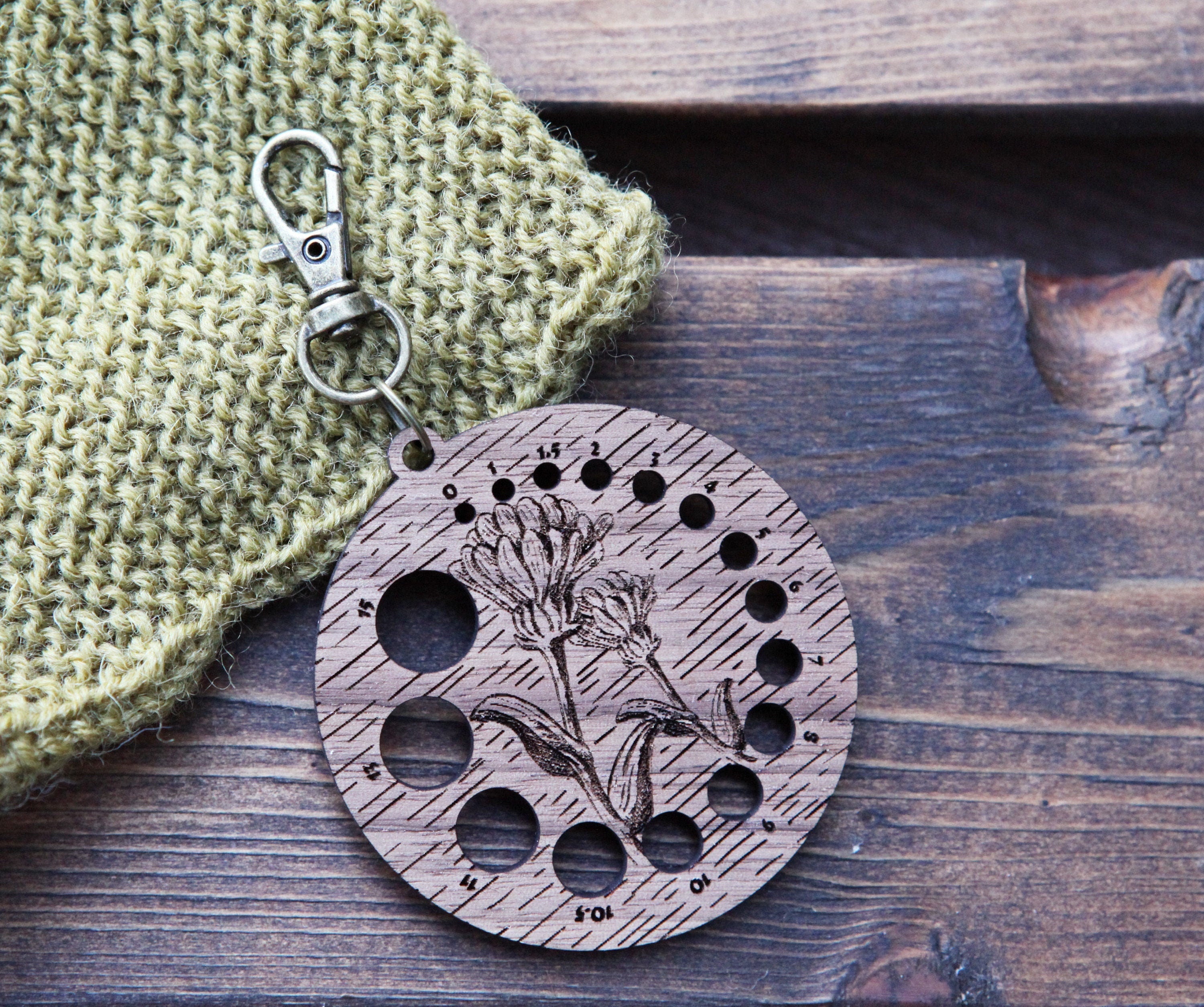 Knitting Needle Gauge Flower - Walnut Wood with Bronze Clasp