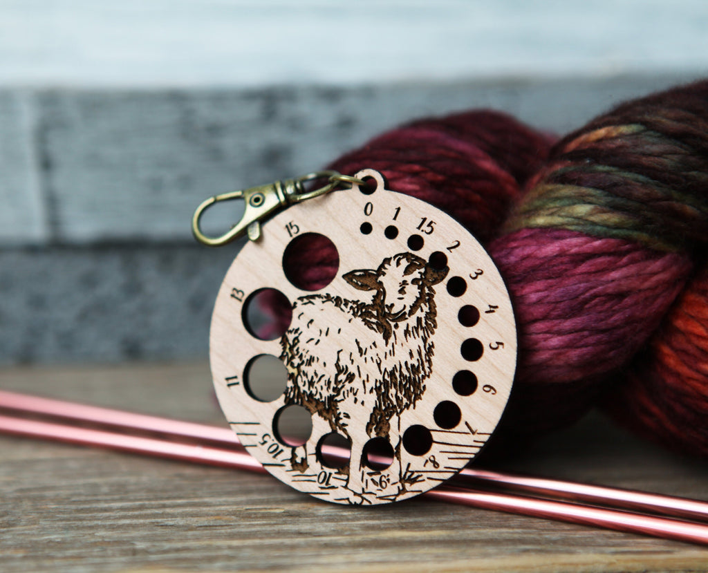 Knitting Needle Gauge Guide with a sheep standing