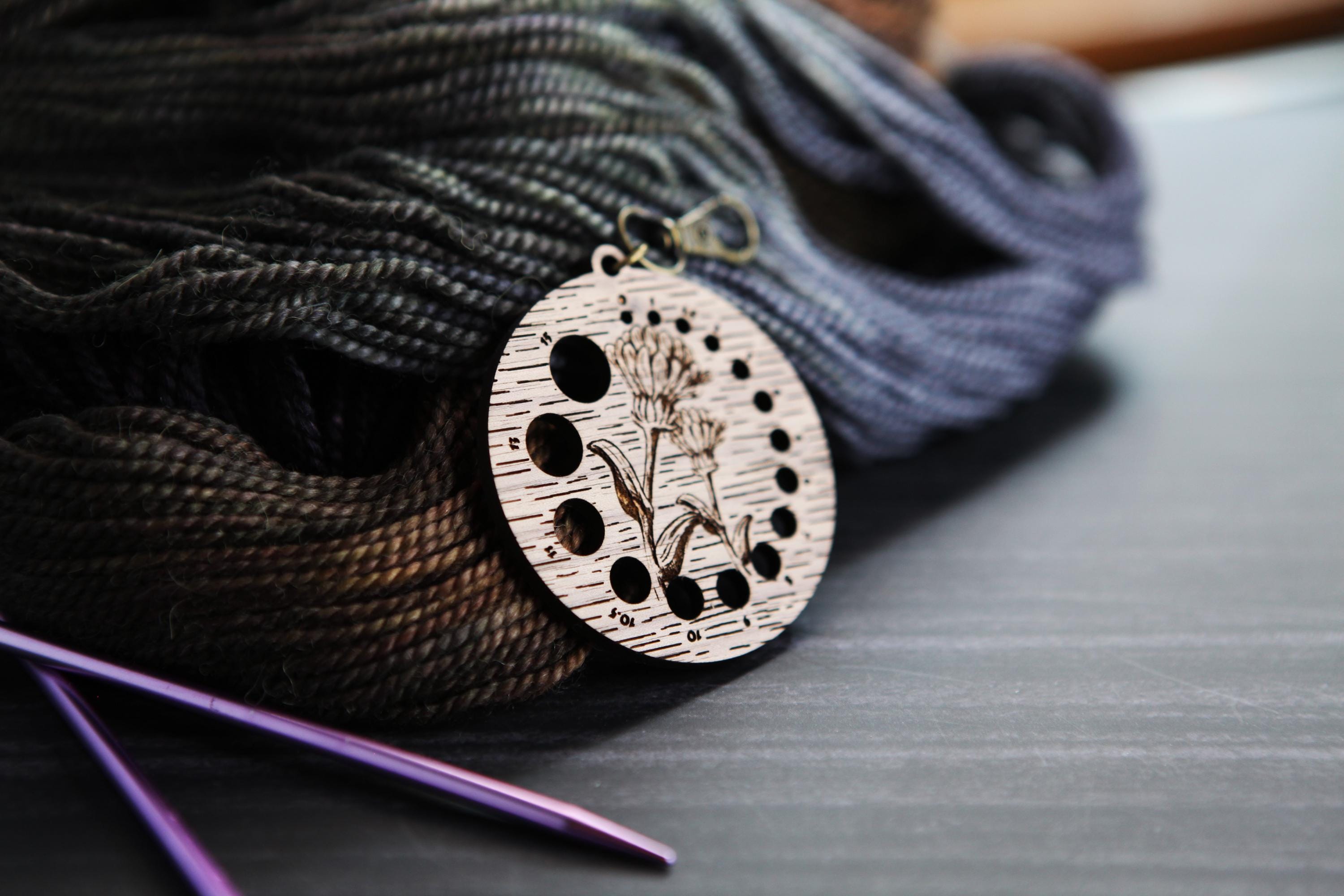 Knitting Needle Gauge Flower - Walnut Wood with Bronze Clasp