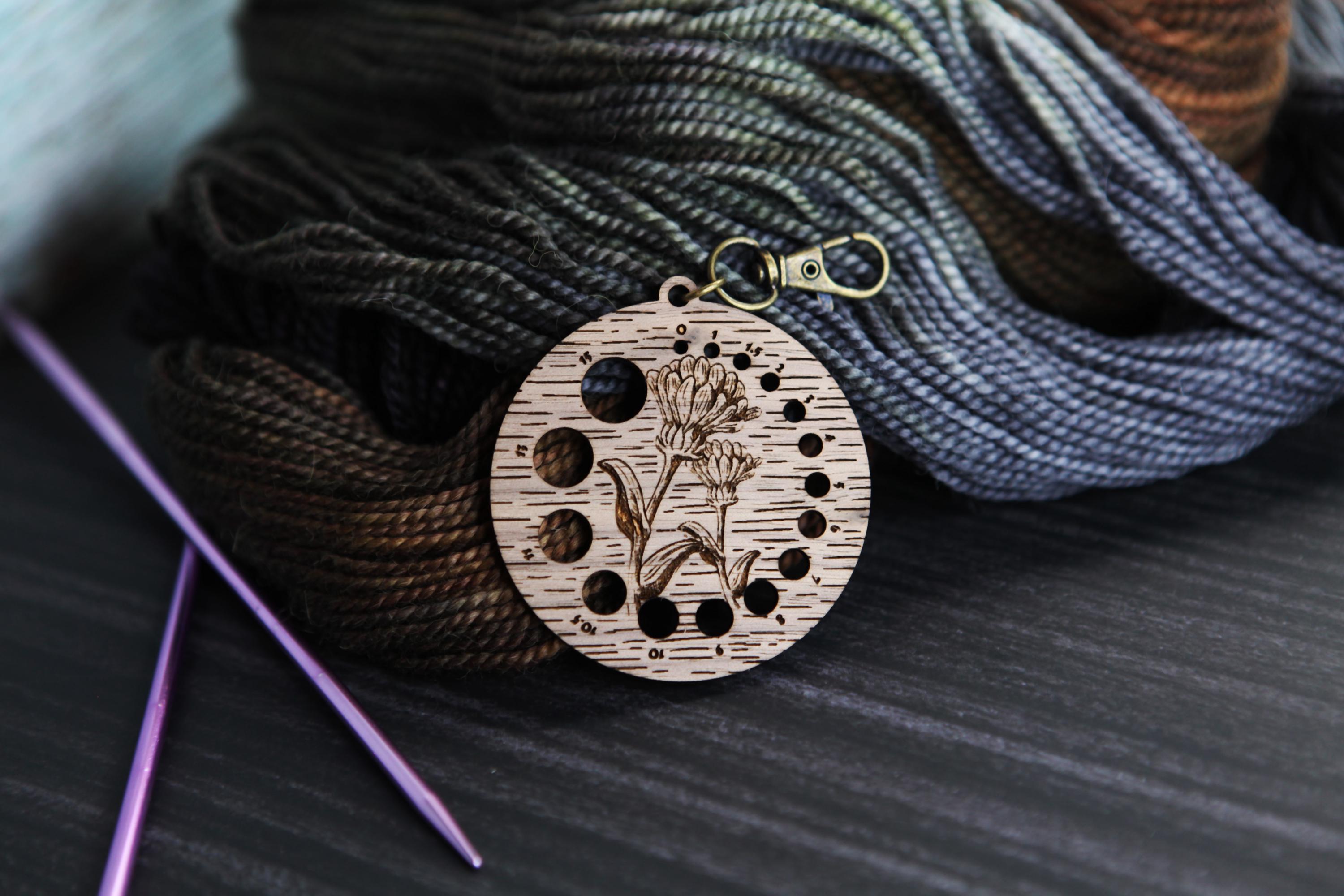 Knitting Needle Gauge Flower - Walnut Wood with Bronze Clasp